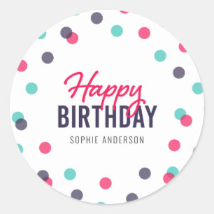 Indigo Pink Blauwgroen Confetti Happy Birthday Ronde Sticker