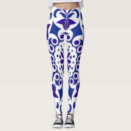 Indigo Portugese Azulejos Blue and White Tegels Leggings (Voorkant)