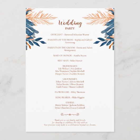 Indigo Roest Moderne Bloemen Boho Elegante Bruilof Programmakaart (Achterkant)