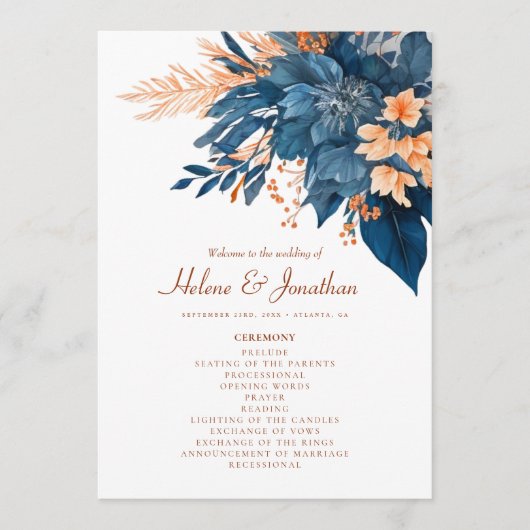 Indigo Roest Moderne Bloemen Boho Elegante Bruilof Programmakaart (Voorkant)