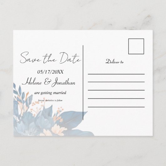 Indigo Roest Moderne Bloemenbruiloft Save The Date Aankondigingskaart (Achterkant)