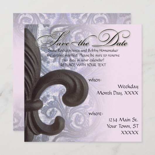 Indigo/roos "iron fleur de lis" save the date (Voorkant / Achterkant)