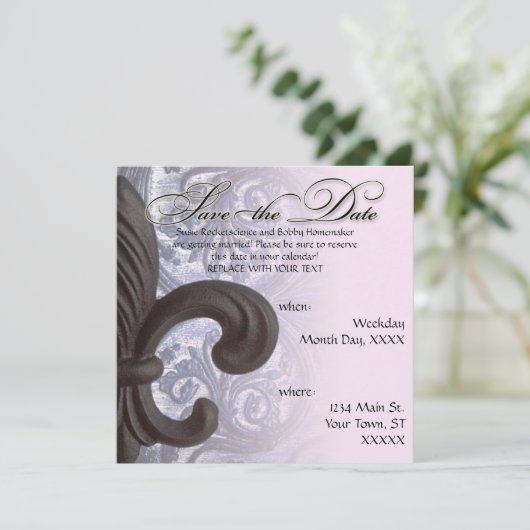 Indigo/roos "iron fleur de lis" save the date (Staand voorkant)