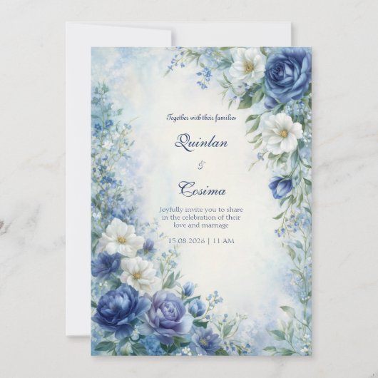 Indigo Roos Misty Watercolor Rand Bruiloft Kaart (Voorkant)