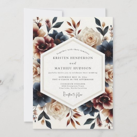 Indigo Russet Painterly Bloom Wedding Kaart (Voorkant)