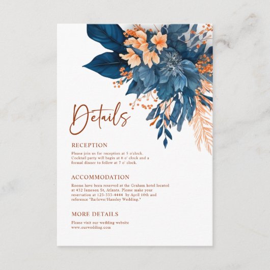 Indigo Rust Bloemen Bruiloft Details Informatiekaartje (Voorkant)