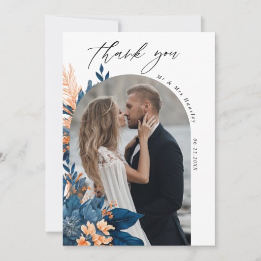 Indigo Rust bloemenbruiloft foto Bedankkaart (Voorkant)