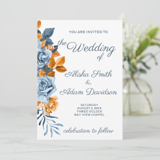 Indigo & Rust Boho Roos Floral Wedding Uitnodiging (Staand voorkant)