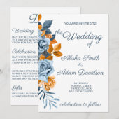 Indigo & Rust Boho Roos Floral Wedding Uitnodiging (Voorkant / Achterkant)