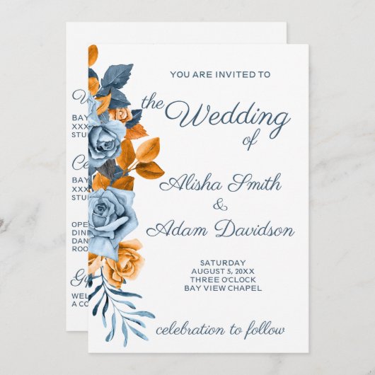 Indigo & Rust Boho Roos Floral Wedding Uitnodiging (Voorkant / Achterkant)