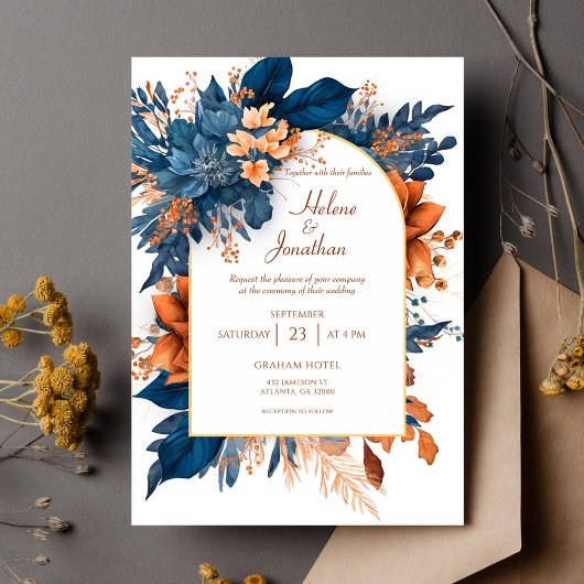 Indigo Rust Boho Waterverf Modern Elegant Wedding Kaart