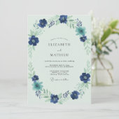 Indigo Saffier Bloem Bruiloft Kaart (Staand voorkant)