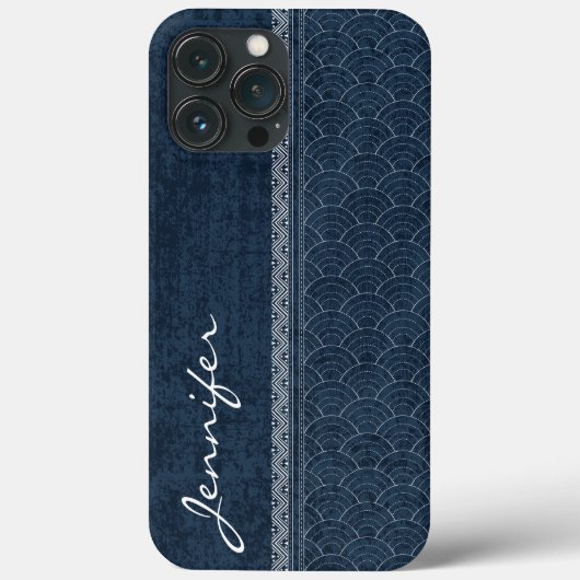 Indigo Sashiko Patroon Japanse Borduurwerk Naam Case-Mate iPhone Case (Achterkant)