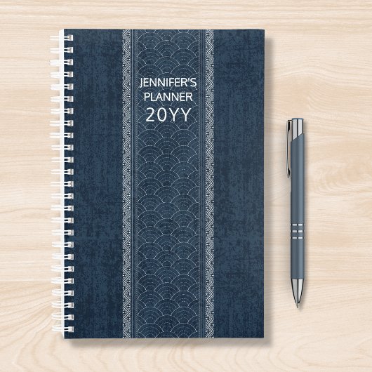 Indigo Sashiko Pattern Japanse Embroidery Name Planner