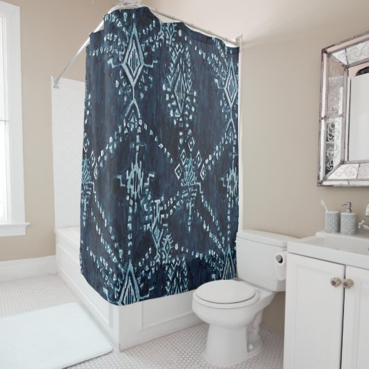 Indigo Satellite Ikat Tribal Waterverf Douchegordijn (In situ)