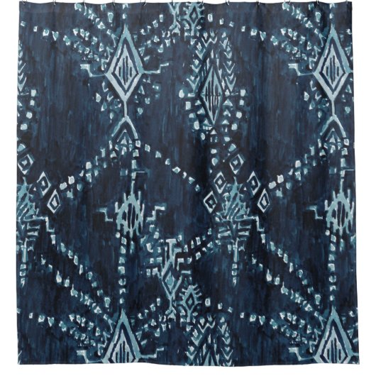 Indigo Satellite Ikat Tribal Waterverf Douchegordijn (Voorkant)