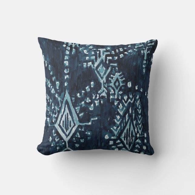 Indigo Satellite Ikat Tribal Waterverf Kussen (Voorkant)