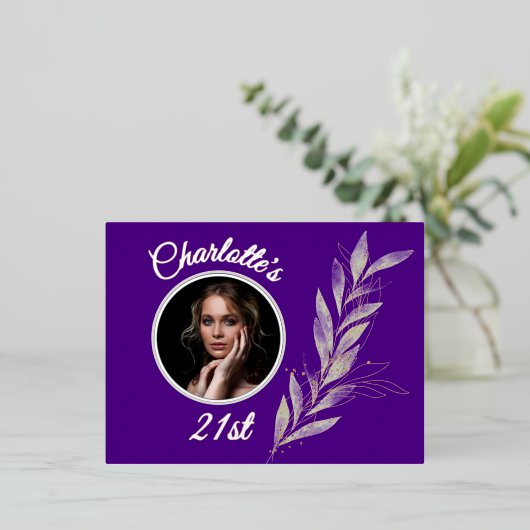 Indigo Silver & Gold Waterverf Leaf Verjaardag Folie Uitnodiging Briefkaart (Staand Voorkant)