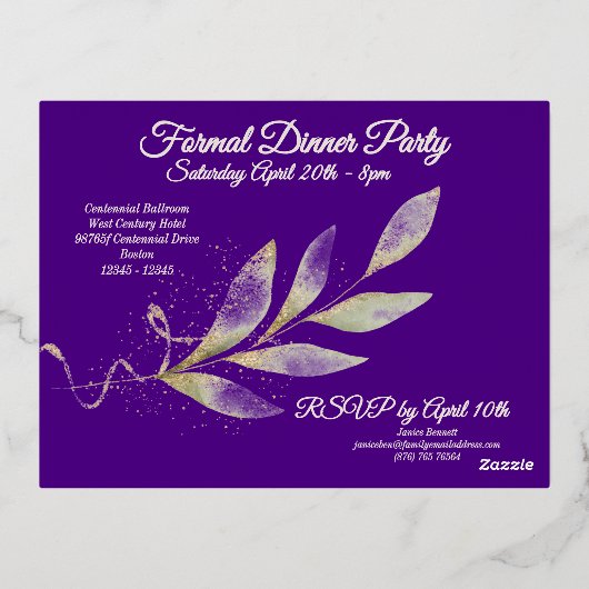 Indigo Silver & Gold Waterverf Leaf Verjaardag Folie Uitnodiging Briefkaart (Achterkant)