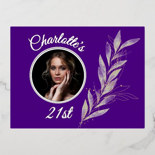 Indigo Silver & Gold Waterverf Leaf Verjaardag Folie Uitnodiging Briefkaart (Voorkant)