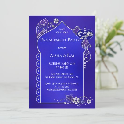 Indigo Silver Henna Mehndi Verloving Uitnodiging (Staand voorkant)