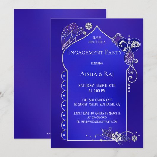 Indigo Silver Henna Mehndi Verloving Uitnodiging (Voorkant / Achterkant)