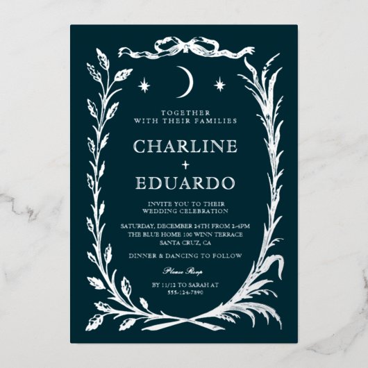 Indigo Silver Ivy Ornament Wedding Invitation Folie Uitnodiging (Voorkant)