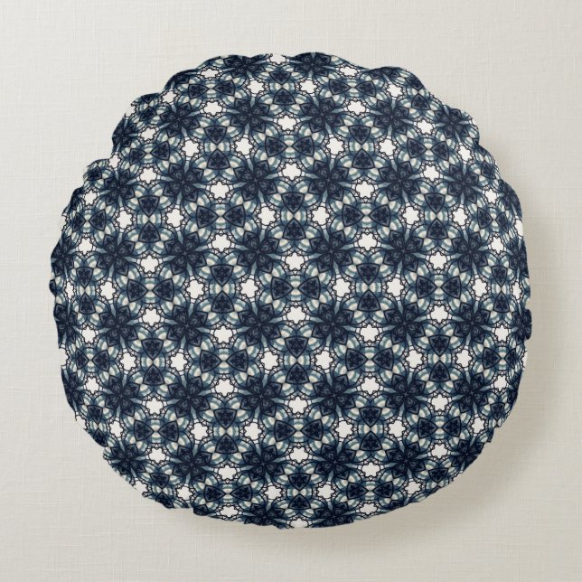 Indigo Sneeuwbloem Lattice Rond Kussen (Voorkant)