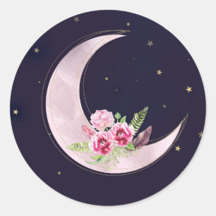 Indigo Star Herfst Roze Bloemen Moon Baby shower Ronde Sticker