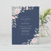 Indigo Stof Roze Bloemblad Bruiloft Kaart (Staand voorkant)
