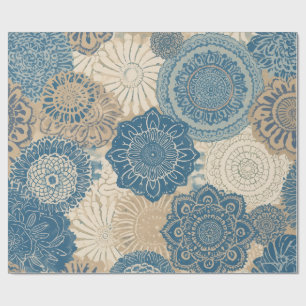 Indigo Tan Boho Bloem Cadeaupapier
