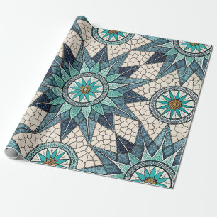 Indigo Teal Kompas Mozaïek – Gebrandschilderd Glas Cadeaupapier