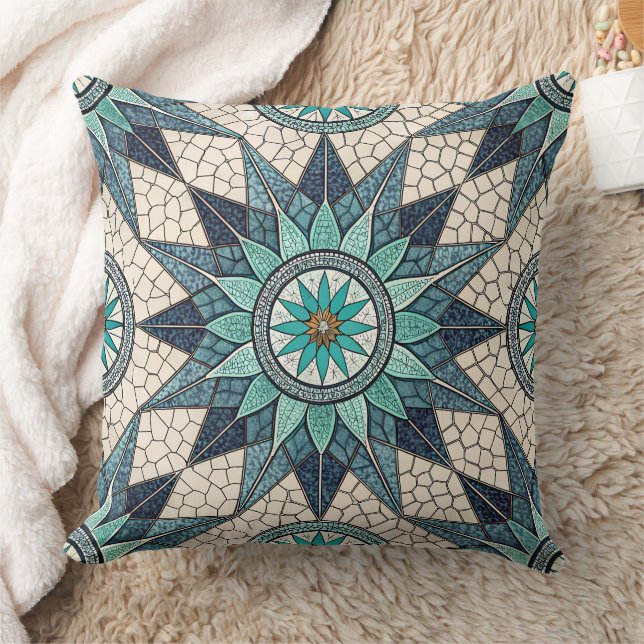 Indigo Teal Kompas Mozaïek – Gebrandschilderd Glas Kussen (Deken)