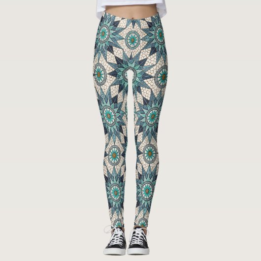 Indigo Teal Kompas Mozaïek – Gebrandschilderd Glas Leggings (Voorkant)