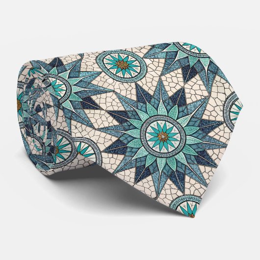 Indigo Teal Kompas Mozaïek – Gebrandschilderd Glas Stropdas (Opgerold)