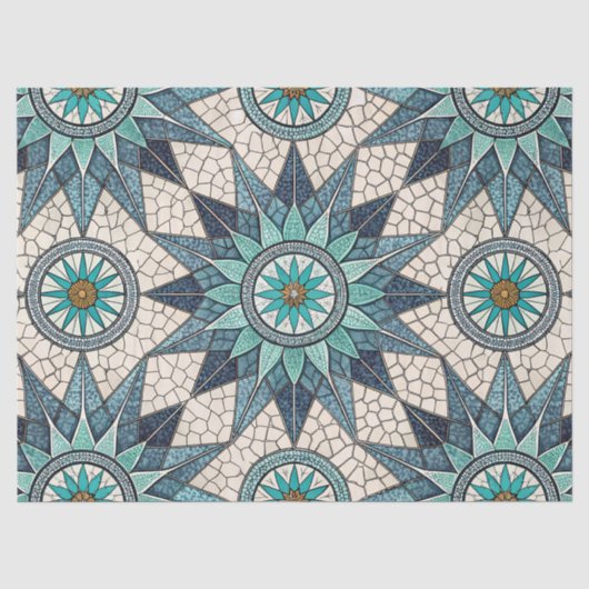 Indigo Teal Kompas Mozaïek – Gebrandschilderd Glas Tissuepapier (Voorkant)