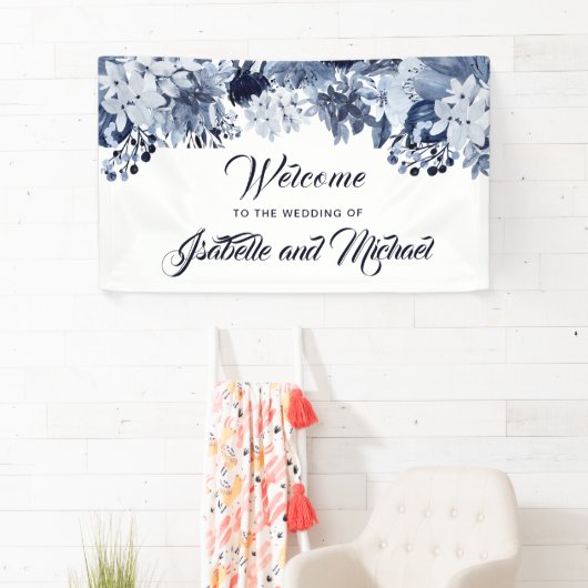 Indigo Tuin Blauw Bloemen Bruiloft Welkomstbanner Spandoek (Insitu)