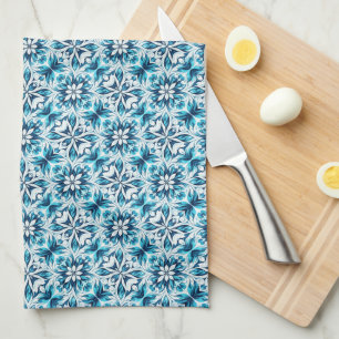 Indigo, turquoise, hemelsblauw en wit damasten blo theedoek