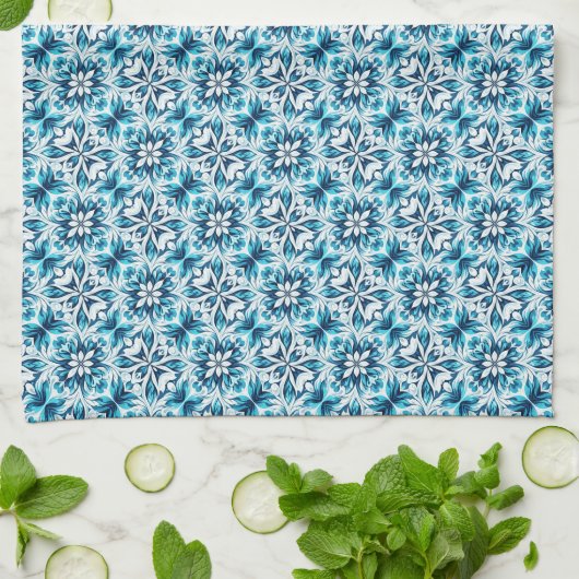 Indigo, Turquoise, Sky Blue & White Damask Floral  Theedoek (Gevouwen)