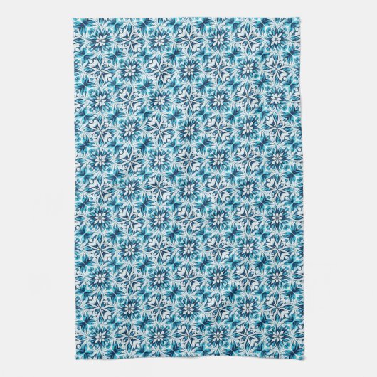 Indigo, Turquoise, Sky Blue & White Damask Floral  Theedoek (Verticaal)