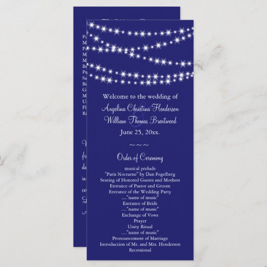 Indigo Twinkle Lights Wedding Program Programmakaart (Voorkant / Achterkant)