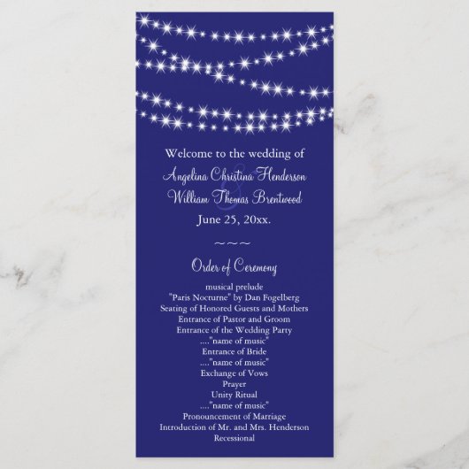 Indigo Twinkle Lights Wedding Program Programmakaart (Voorkant)
