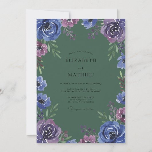 Indigo Violet Ranunculus Eucalyptus Bruiloft Kaart (Voorkant)