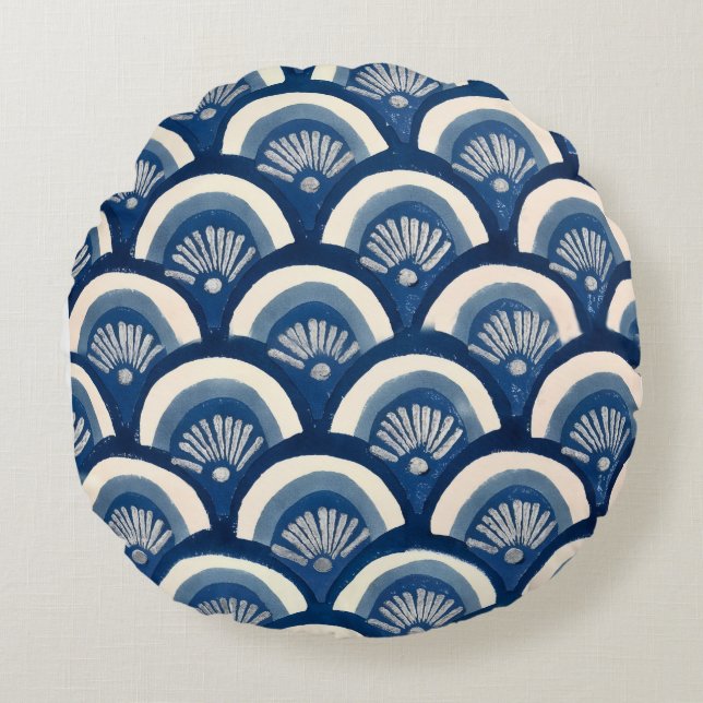 Indigo Waaiers Rond Kussen (Voorkant)