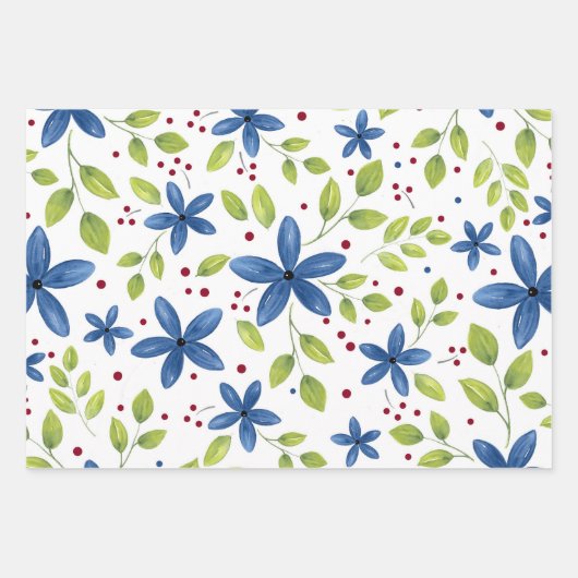 Indigo Waterolor Floral Bouquet Pattern Inpakpapier Vel (Voorkant 3)