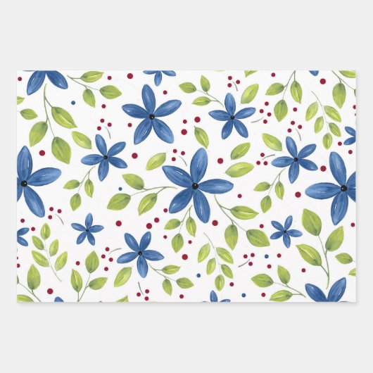 Indigo Waterolor Floral Bouquet Pattern Inpakpapier Vel (Voorkant)