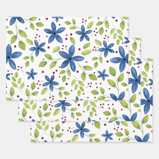 Indigo Waterolor Floral Bouquet Pattern Inpakpapier Vel (Set)
