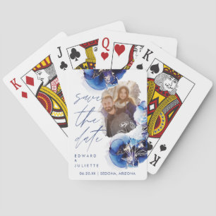 Indigo Waterverf Agate Floral Foto slaat datum op Pokerkaarten