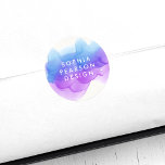 Indigo Waterverf Blot Ronde Sticker<br><div class="desc">De grafische ronde stickers zijn perfect voor uw bedrijfsmaterialen,  merken,  pakketten en correspondentie. Het ontwerp kenmerkt een waterverf inktvlek in etherische tinten van indigo blauw en viool paars,  met uw douanetekst die in modern wit wordt bedekt.</div>