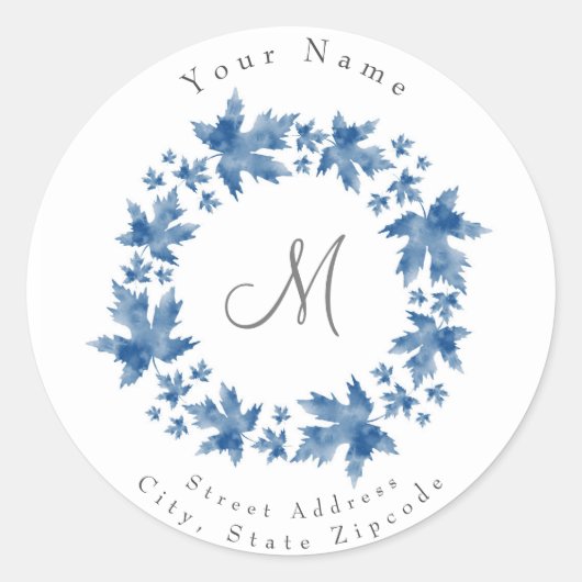 Indigo Waterverf Maple Leaves Wreater Ronde Sticker (Voorkant)